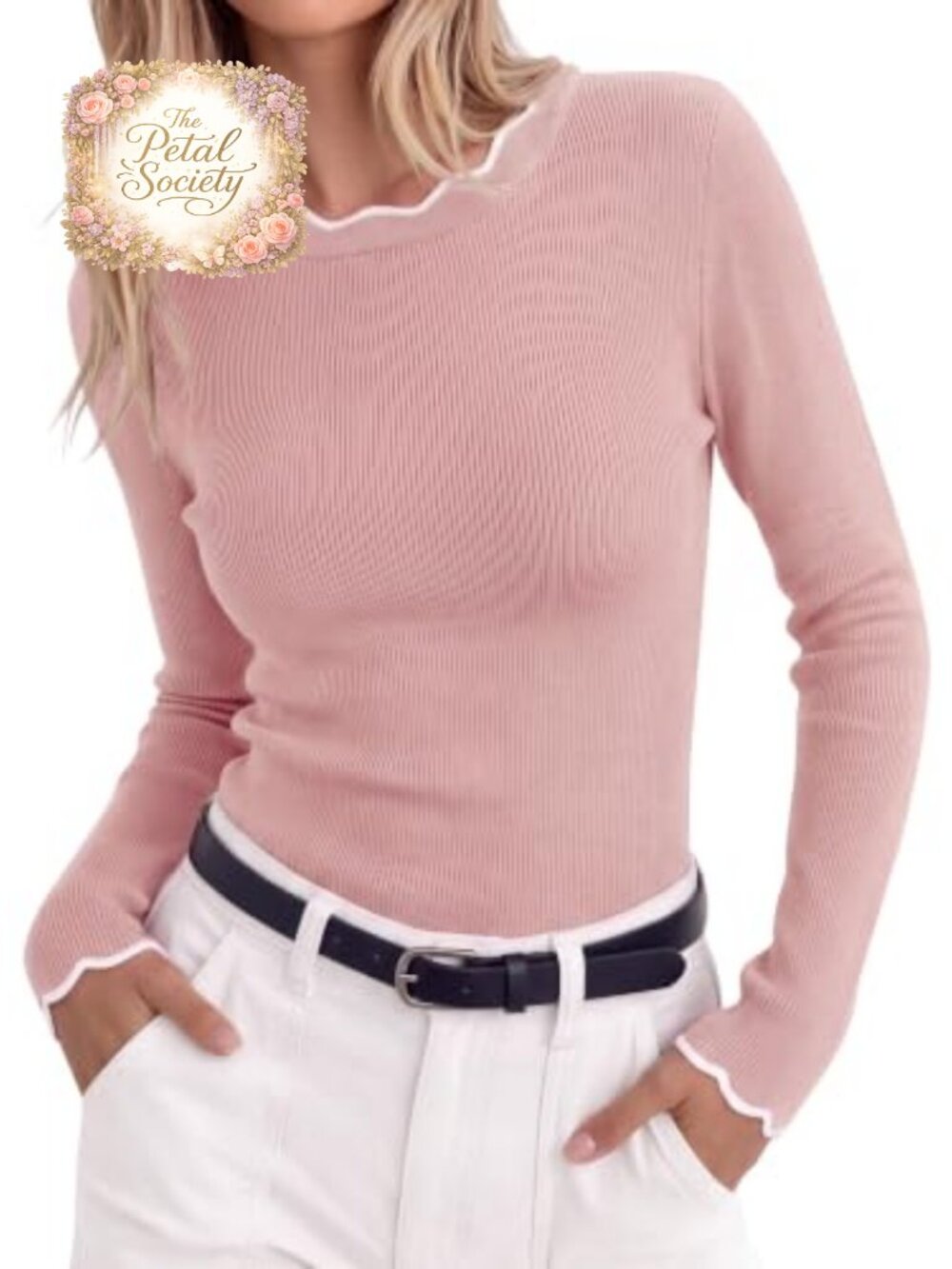 Ribbed Knit Long Sleeve Pullover Sweater Scalloped Trim Women's